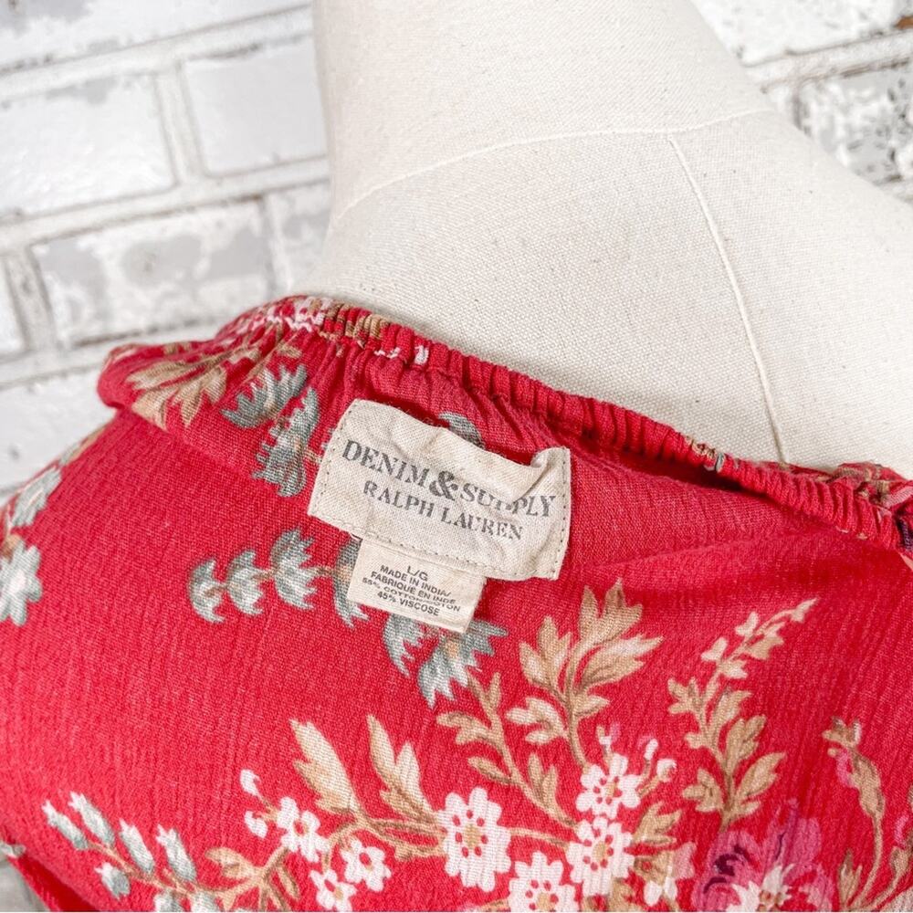 Vintage Denim & Supply Ralph Lauren Red Cotton Floral Flowy 3/4 Sleeve Top L - Picture 10 of 10
